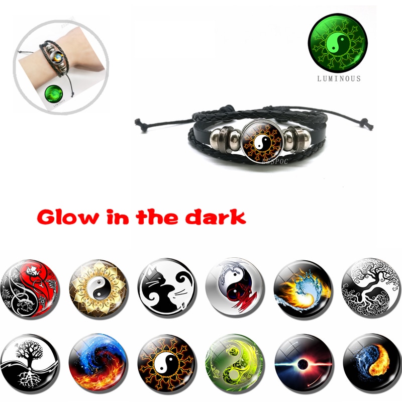 YinYang potins en cuir noir Bracelet lumineux rétro Tai Chi Kung Fu Logo bouton pression Bracelet hommes et femmes bijoux accessoires