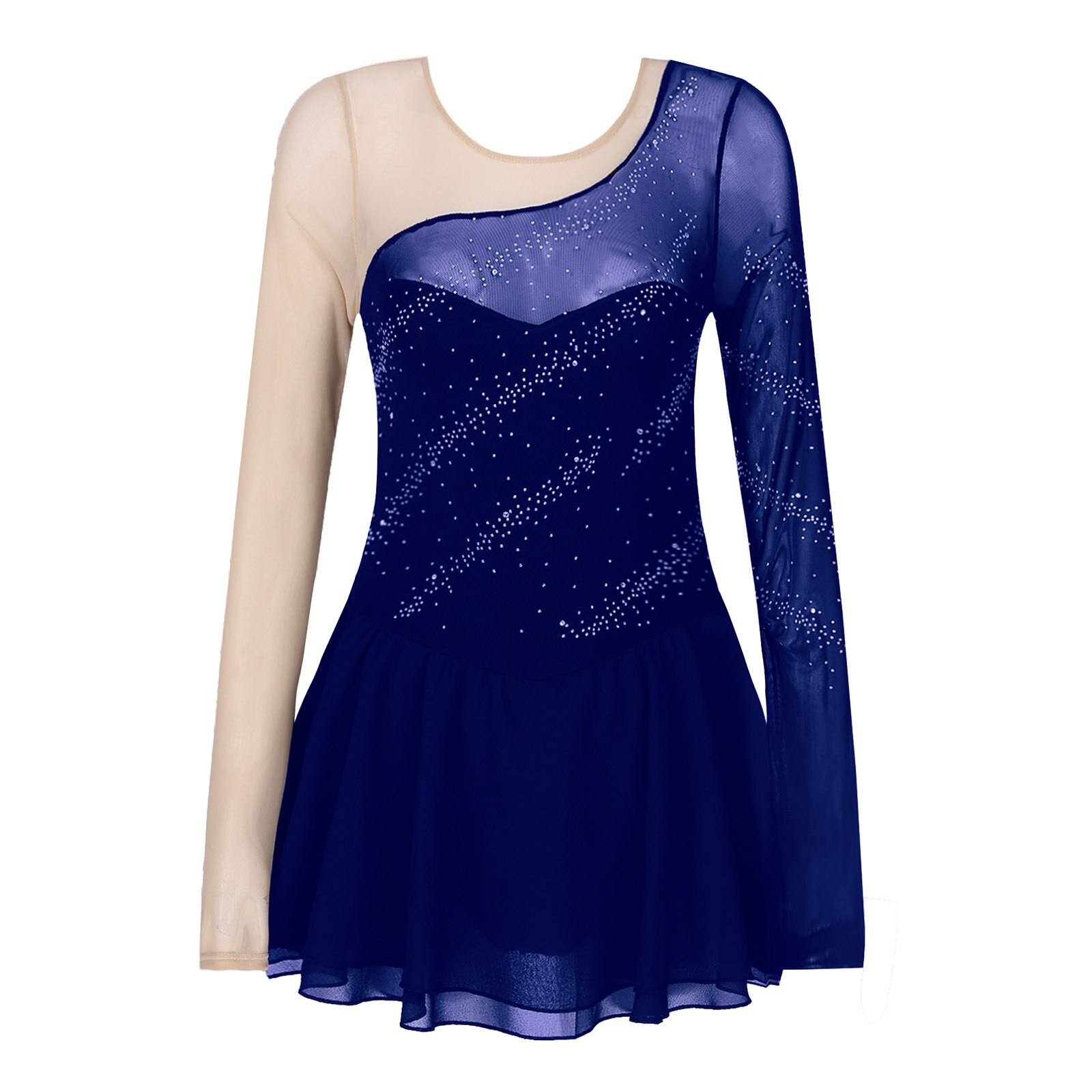 Women Adults Ballet Dance Dress Long Sleeves Mesh Splice Figure Ice Skating Dress Rhinestone Leotard Lyrical Modern Dance Dress: Royal Blue / S