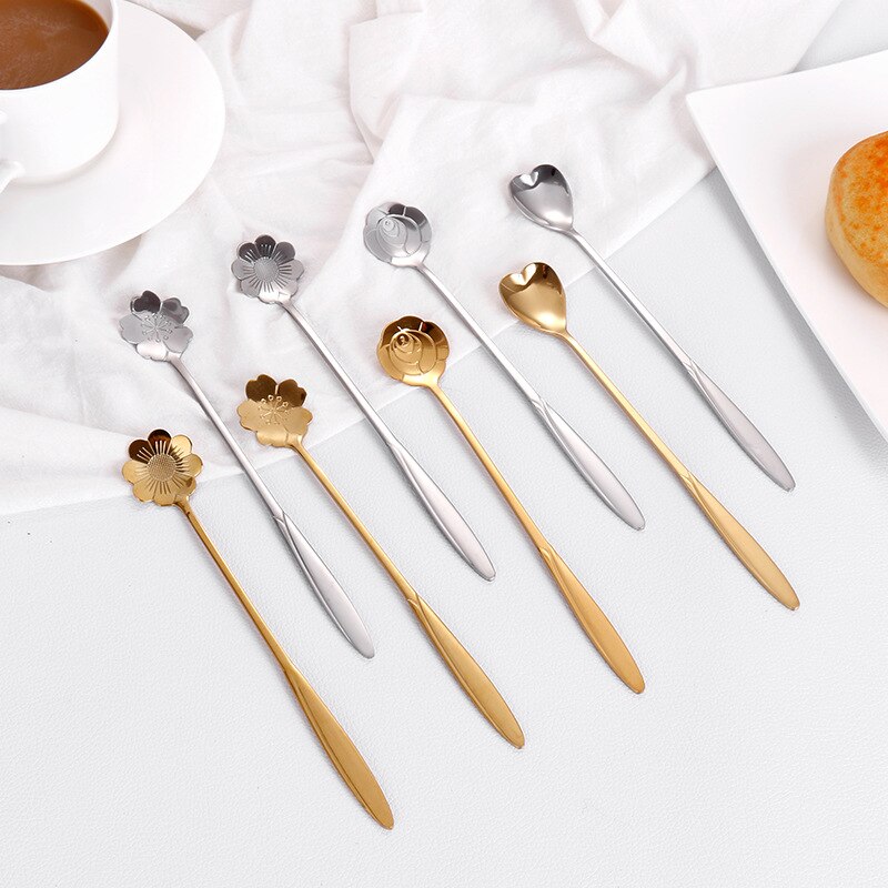 1Pcs Silver/Gold Long Handle Drink Tableware Vintage Teaspoons Mixing Spoon Kitchen Accessories 410 Stainless Steel