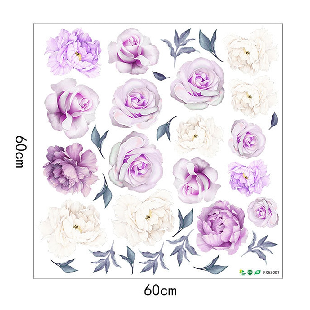 60x60cm Large Purple Peony Flower Wall Stickers Romantic Flowers Home