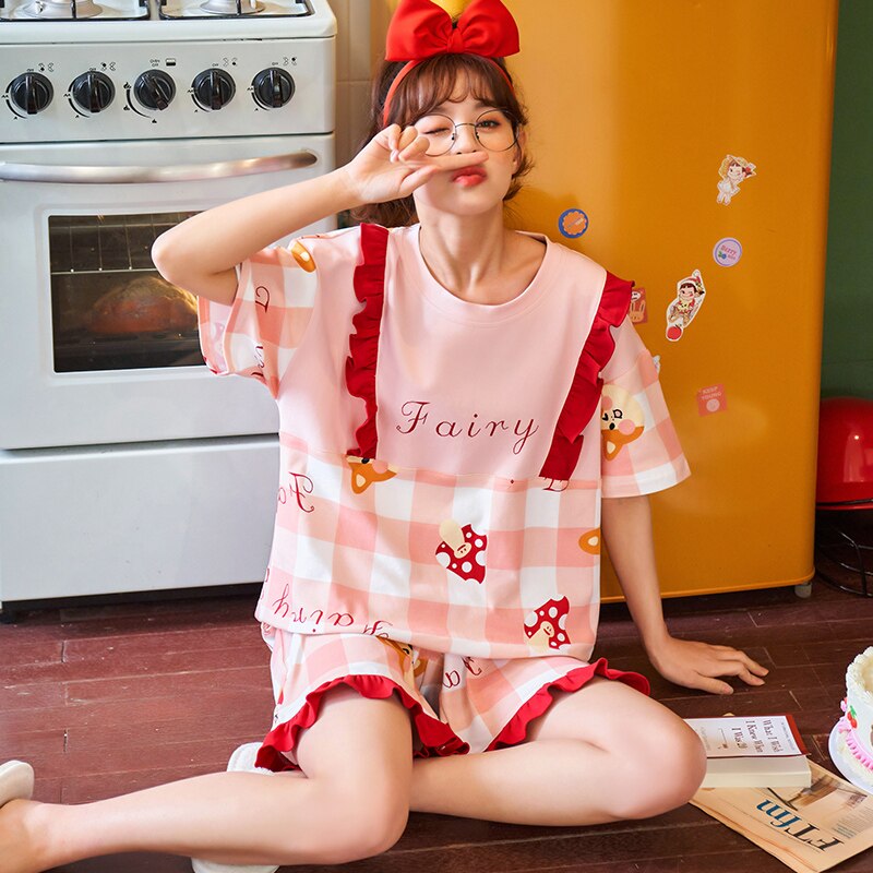 BZEL Pink Cute Sleepwear Cotton Women's Pajamas Set Sweet Female Home Suit Girls Pijamas Shorts Summer Pyjamas Comfort Nightwear