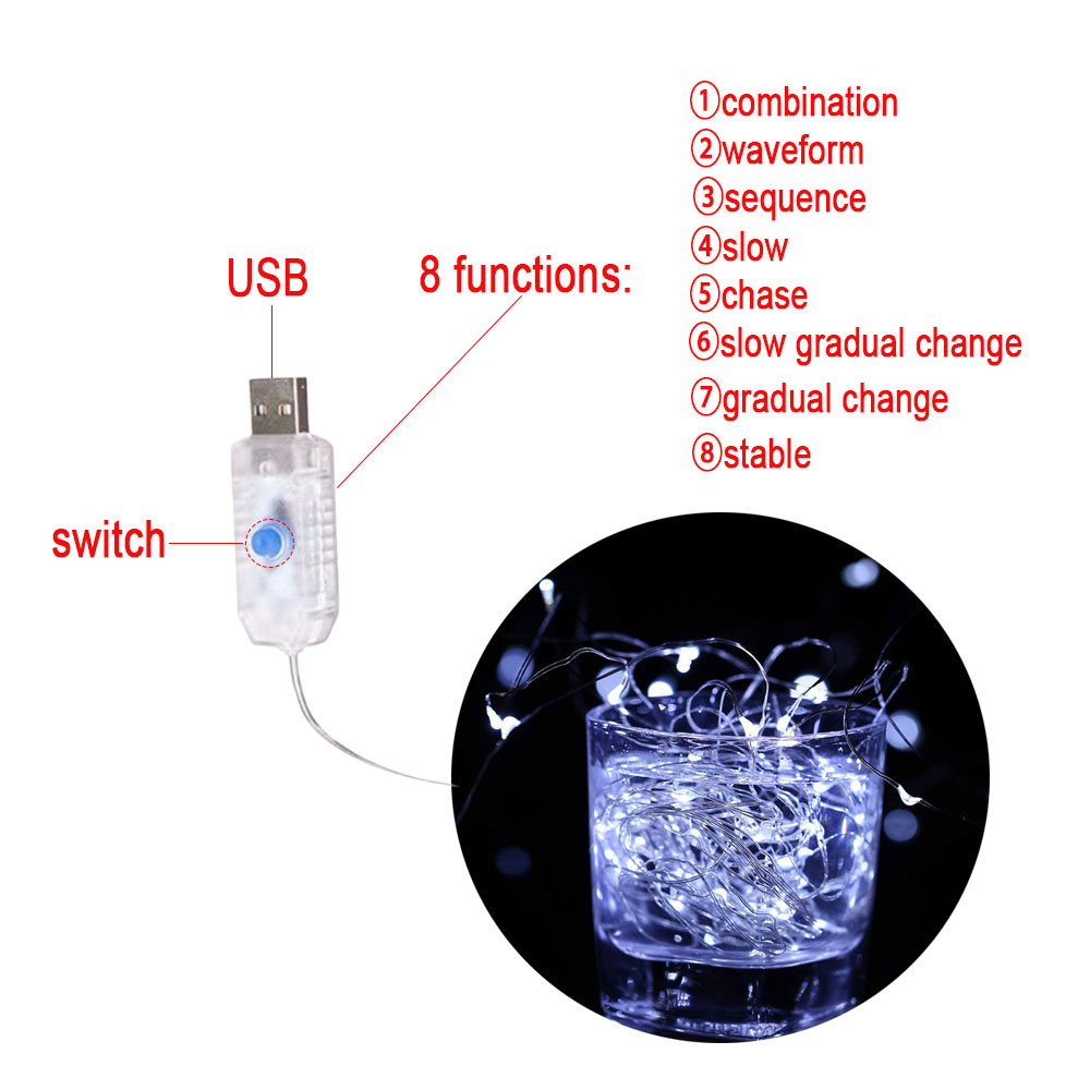 Guirlande lumineuse féerique Led en fil d'argent, alimentée par USB, étanche, pour l'extérieur, décoration DIY, , fête de mariage, noël