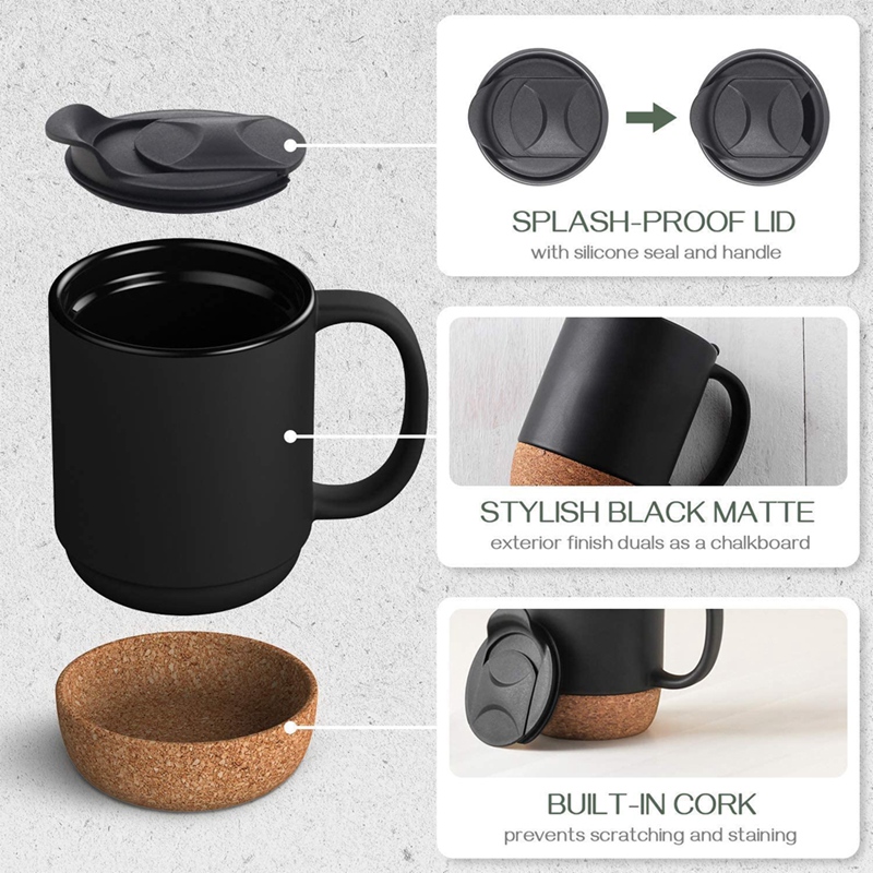 Coffee Cup, 15 Oz Ceramic Mug with Insulated Cork Bottom and Splash Cover, Large Cup with Handle, Black