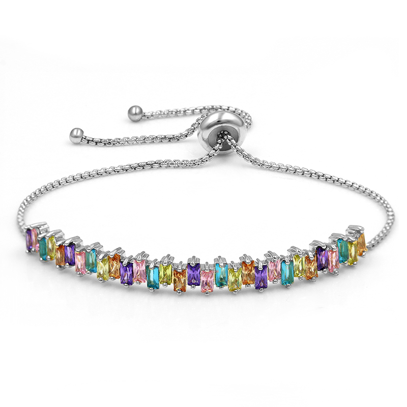 WEIMANJINGDIAN Sparkling Rainbow Cubic Zirconia CZ Rectangle Zircon Crystal Adjustable Bracelets for Women: color silver