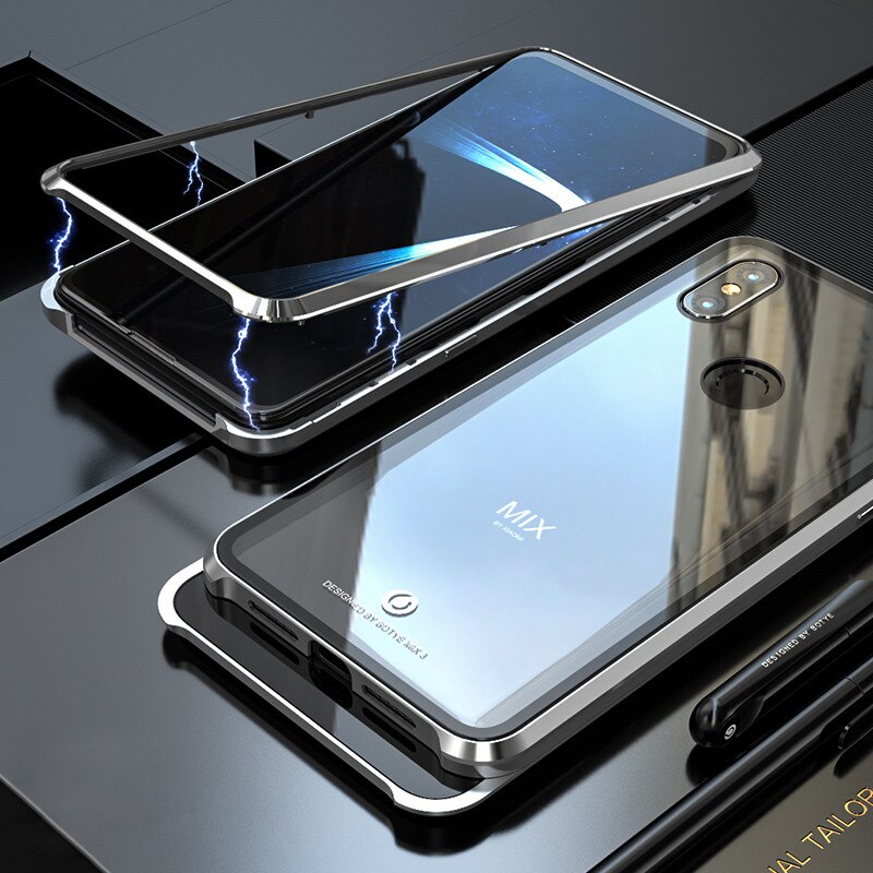 Magnetic Adorption Metal Bumper Glass Case For coque Xiaomi Mi Mix 3 Case Shockproof Hard Back Glass Cover For Xiaomi Mix3 Case: Silver / No Retail Box