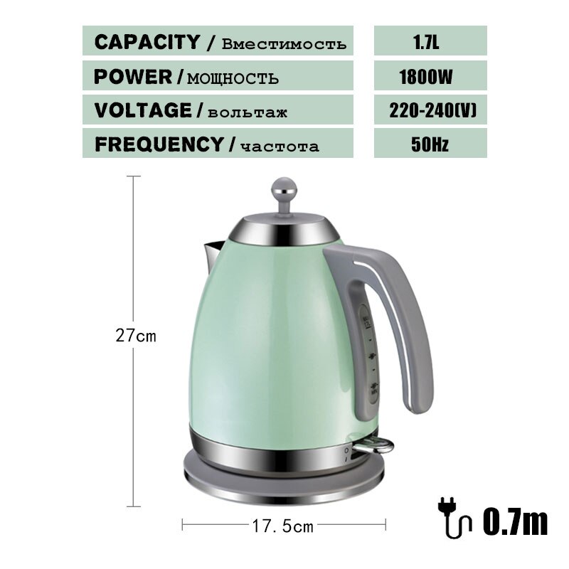 220V Electric Kettle Water Heater Boiler Green Pink 1.7L 1800W BPA-Free Fast Boiling British Strix Thermostat Electric Tea Pot