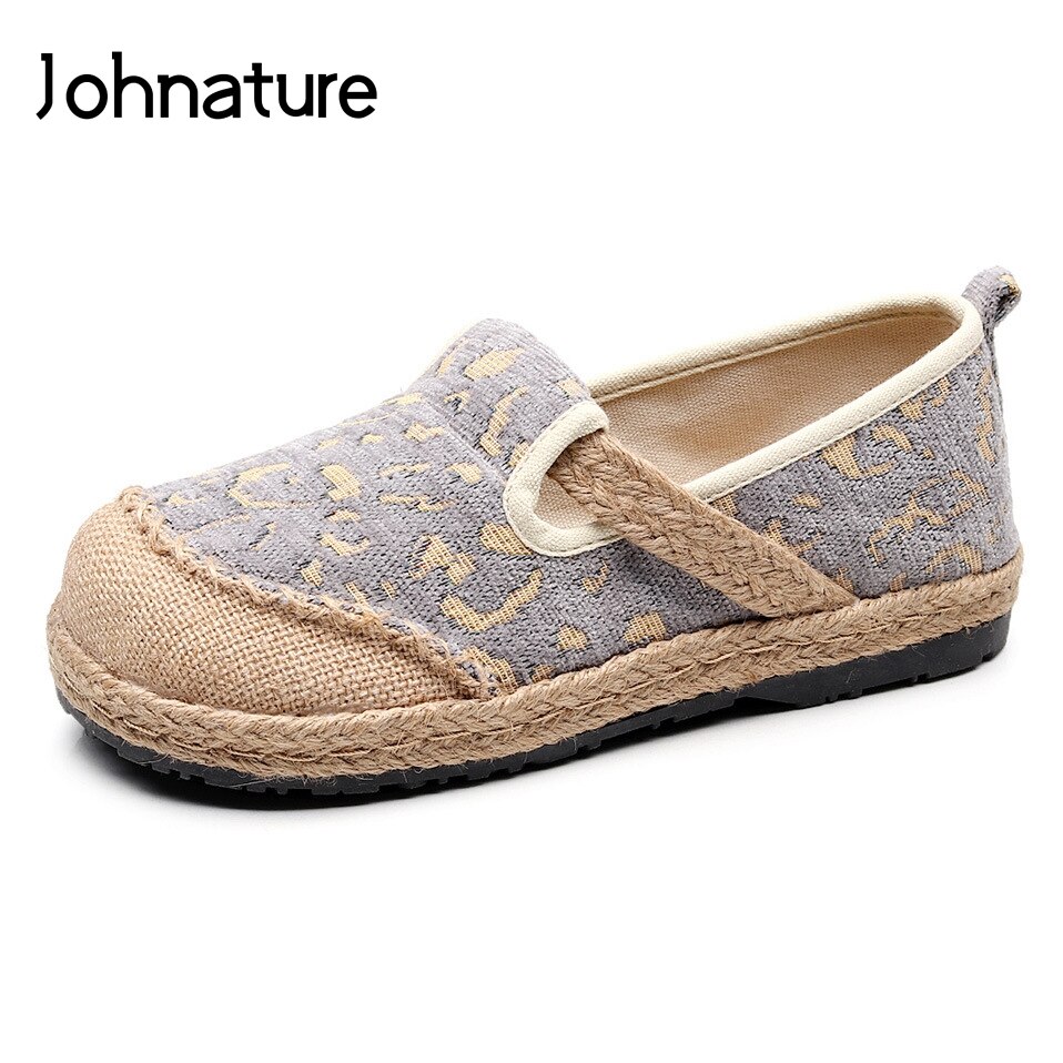 Johnature Lente/herfst Handgemaakte Retro Ronde Neus Luipaard Ondiepe Doek Slip Op Schoenen Voor Vrouwen Linnen Katoen schoenen Platte