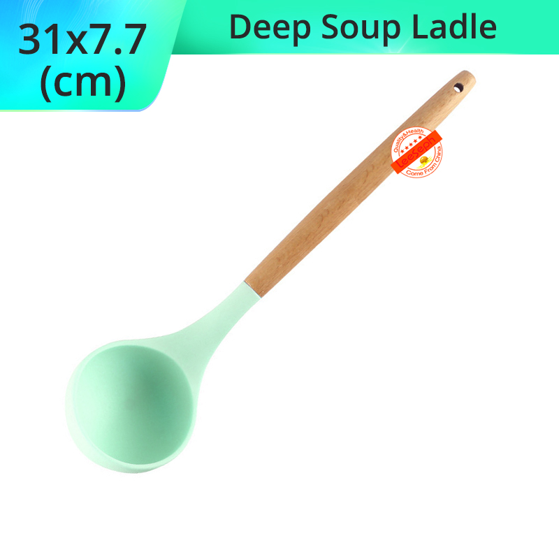 Silicone Cooking Utensils Kitchen Utensils, Acacia Wooden Cooking Tool for Nonstick Cookware - Best Kitchen Gadgets: Green-Soup Landle