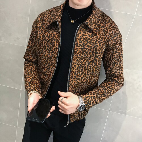 Chaqueta de leopardo para hombre, Cazadora bomber de con cremallera, informal, a la , primavera y otoño,: Dark Brown / Asian XL
