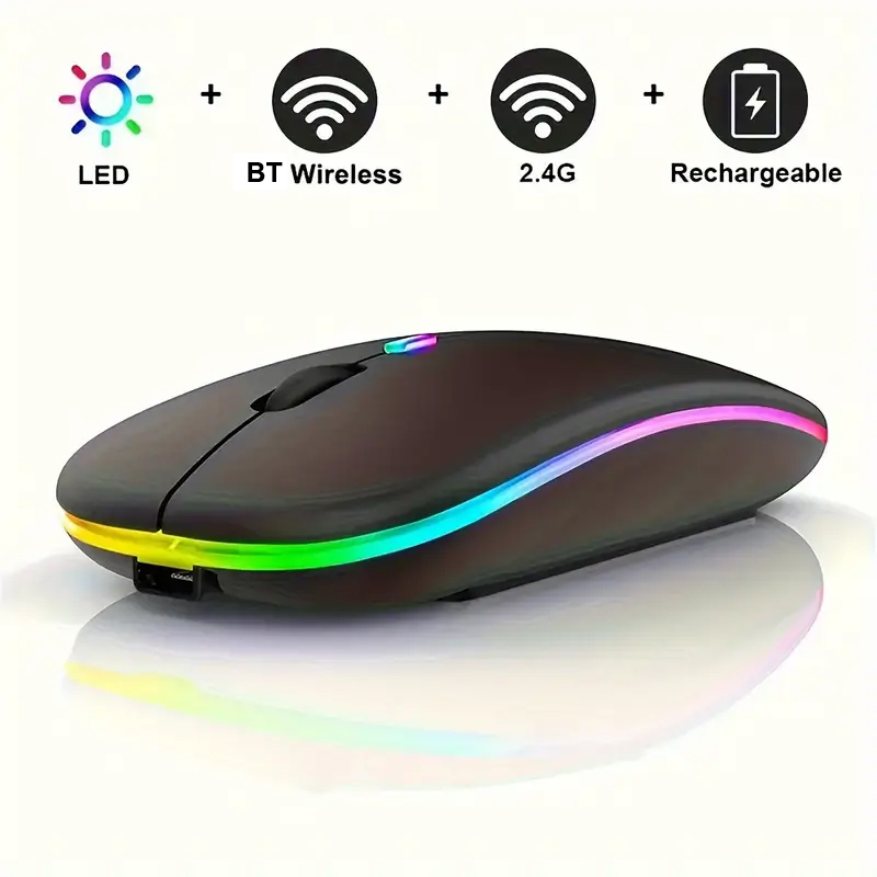 LED Wireless Mouse Bluetooth-compatible 2.4GHz Slim Rechargeable Silent Mice RGB Ergonomic Gaming mouse for Computer Laptop PC: DARKNESS