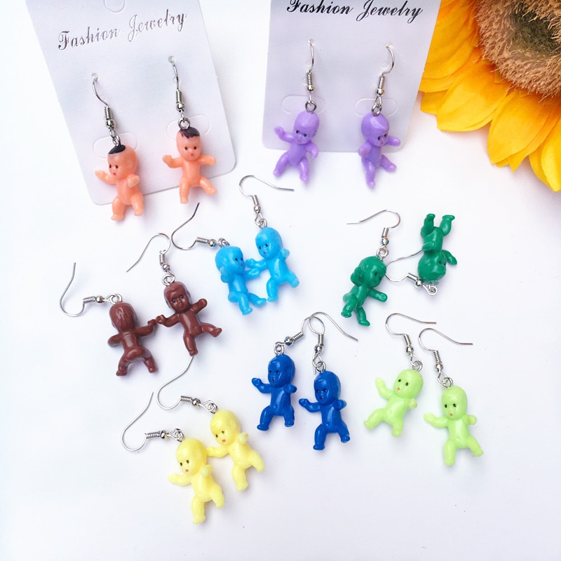 drôle bébé poupée forme coloré boucles d'oreilles pour femmes fille créative Harajuku Cool goutte boucles d'oreilles fête déclaration bijoux