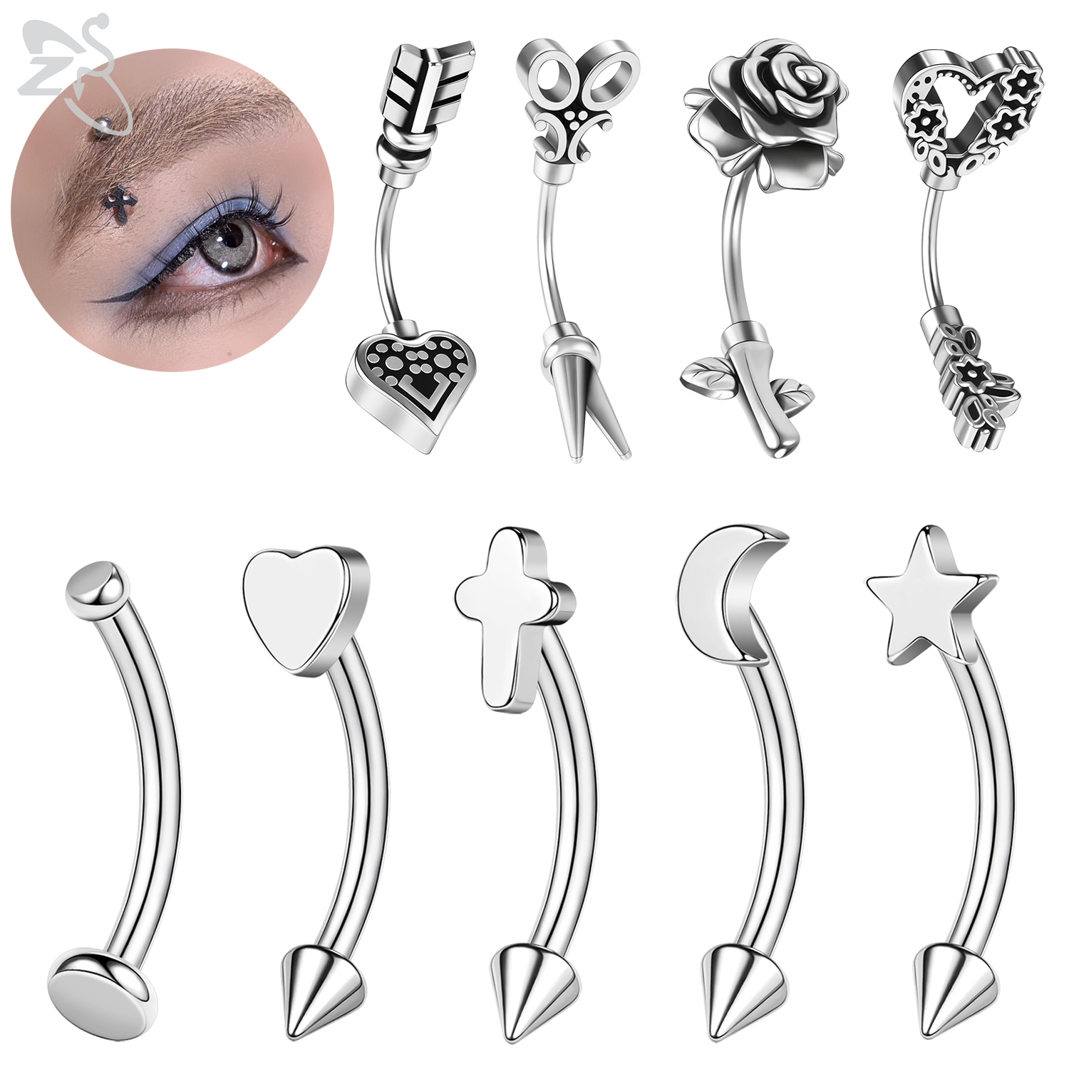 ZS 1 Piece 16G/20G Stainelss Steel Eyebrow Piercing Men Punk Rock Curved Eyebrows Ring Cross Spike Lip Belly Piercings Jewelry