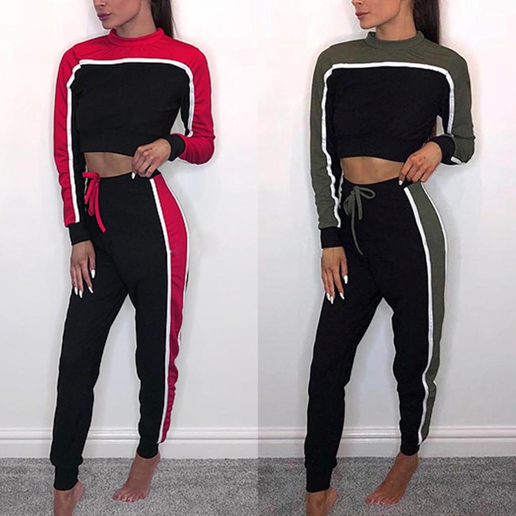 Women Gym Clothing Color Matching O-Neck Long Sleeve Crop Top Lace Up High Waist Pant Tractsuit Sets 2 Piece Sport Jogging Suits