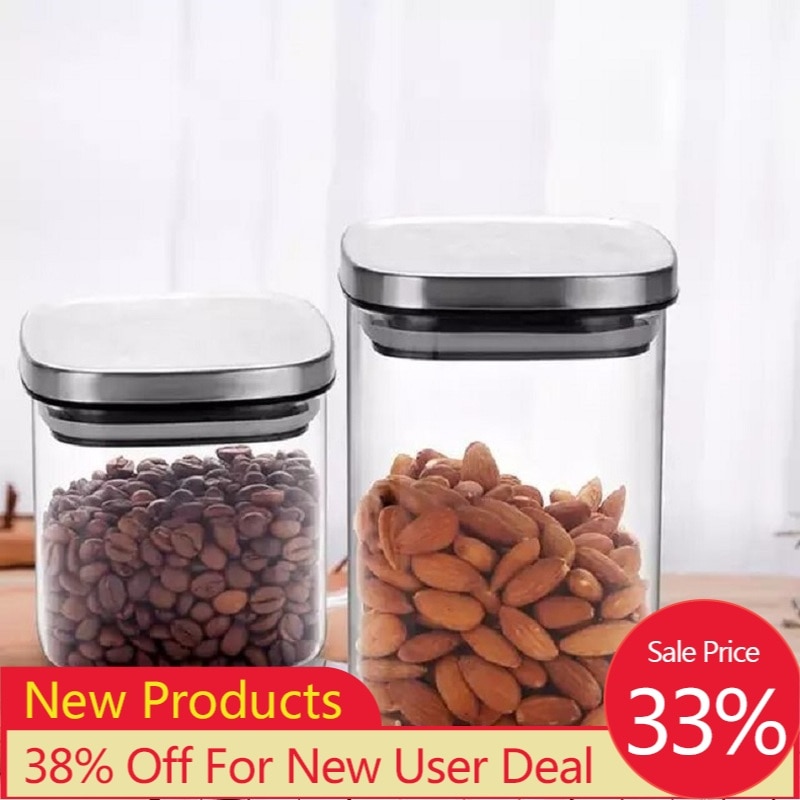 Sealed Glass Candy Jars Stainless Steel Cover Cereal Dispenser Transparent Tea Box Household Kitchen Desktop Storage Containers