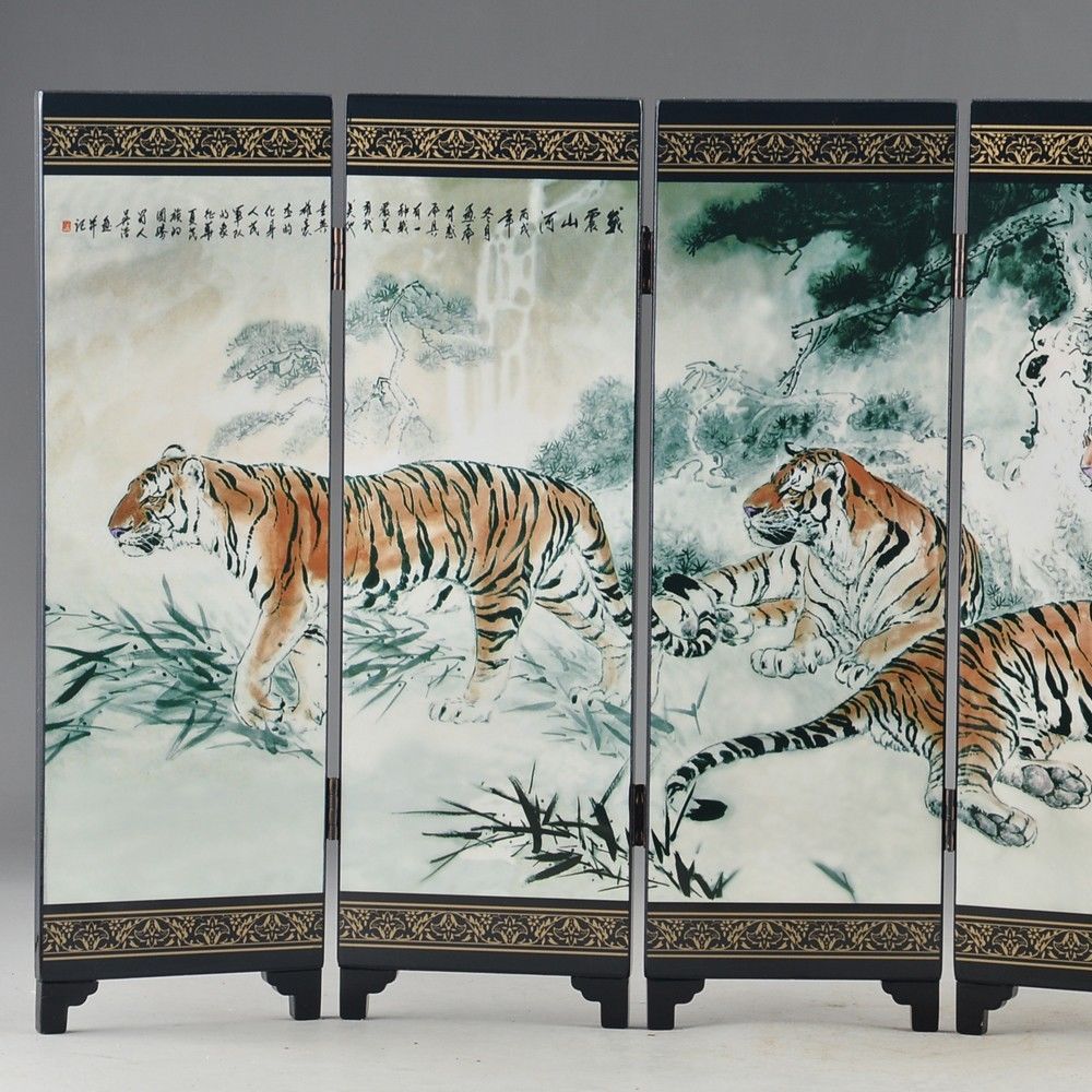 Décoration pour écran à SIX plis | Tigre de bénédiction, en laque chinoise, vieux travail manuel peint