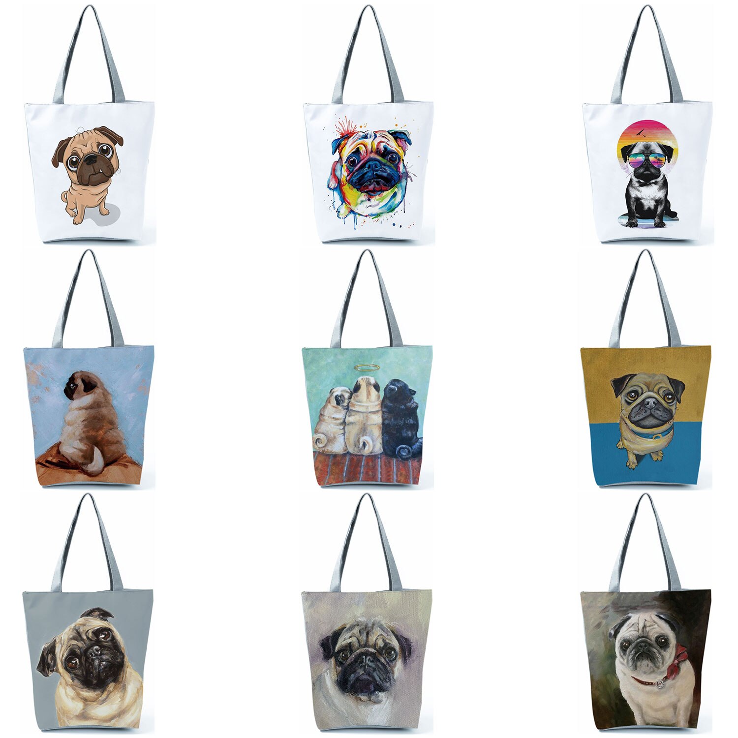 Mops z nadrukiem z psem torby na zakupy wielokrotnego użytku Animal Graphic praktyczne ekologiczne składane torebki przenośne pojemniki do przechowywania na zewnątrz dla kobiet