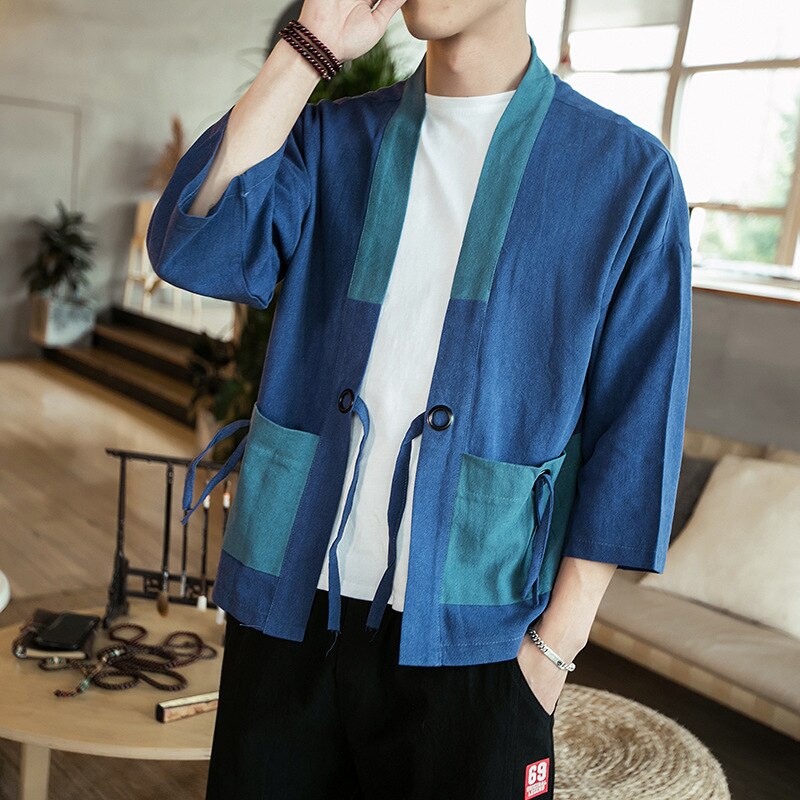 Japanese Kimono Samurai Costume Men Print Yukata Coat Harajuku Style Shirt Japan Male Traditional Embroidery Haori Cardigan: Color 2 / XL