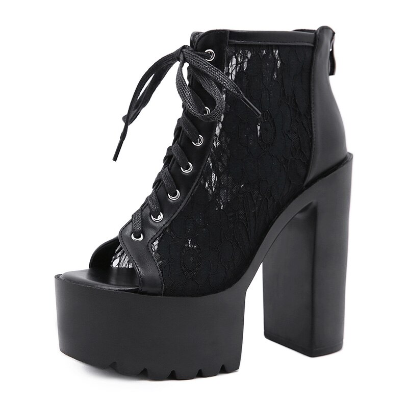 Gdgydh Peep Toe Enkellaars Voor Vrouwen Hoge Hakken Schoenen Model Party Lace Up Wedding Schoenen Voor Vrouwen Bruid Wit rubberen Zool: black shoes / 4.5