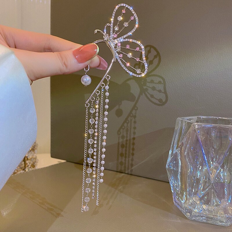 Japanse Koreaanse Mode Oor Clip Vrouwen Earring Ongebruikelijke Zoete Vlinder Parel Crystal Kwasten Chain Dangle Oorbellen: Default Title