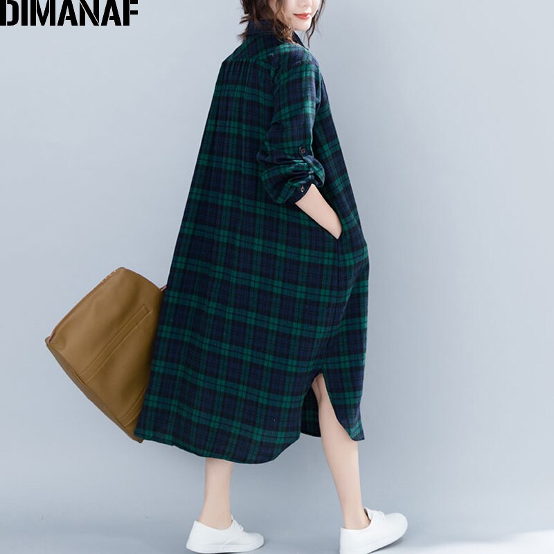 Dimanaf naisten mekot pitkähihaiset puuvilla vintage naisten vaatteet isot koot vestidos löysä printti ruudullinen naisten mekko syksy