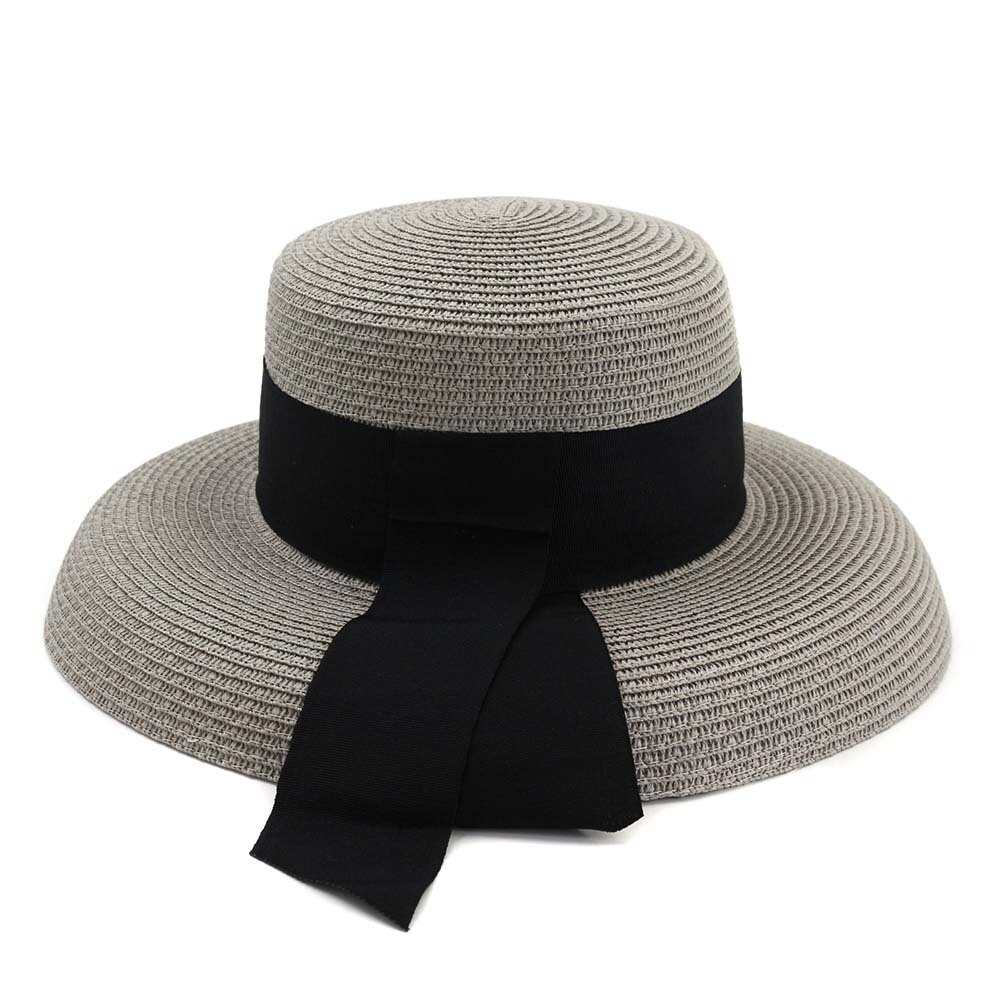 Zomer Stro Hepburn Stijl Grote Dakranden Vrouwelijke Outdoor Reizen Strand Seaside Zonnehoed Zonnehoed Mode Hoed Met lint: Grijs