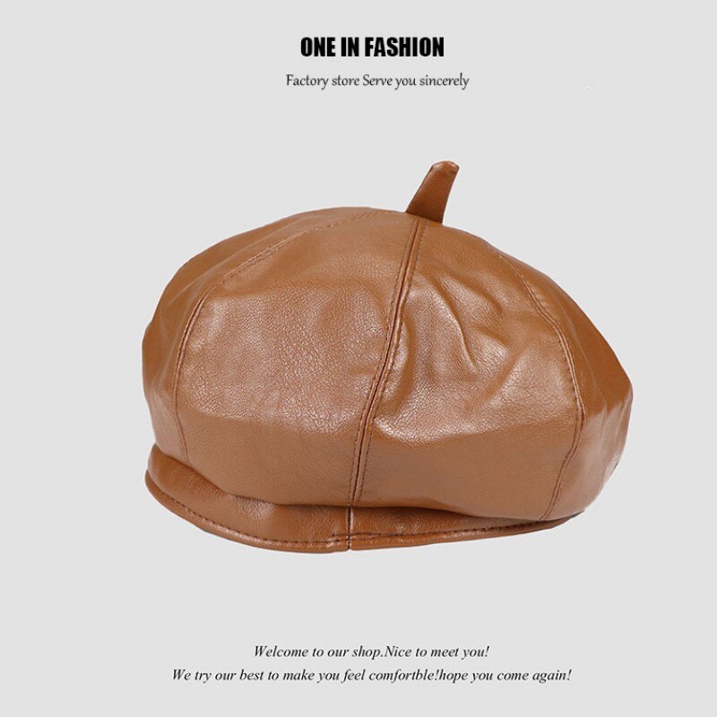 Vintage Women Beret Solid Beret Cap Pu Leather Beret French Artist Warm Beanie Pumpkin Hat Female Ladies All-Match Adjustable: Brown