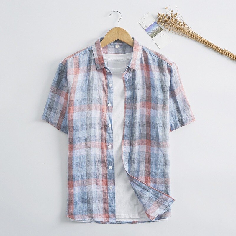 Männer Sommer Hemden 100% Flachs Plaid lässig Herren Kurzarm T Shirt Herren Kleidung Herbst Männlichen oben leinen Hemd