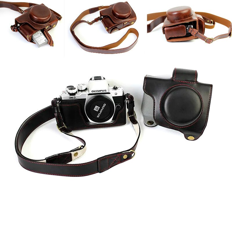 Housse de luxe en cuir pour Olympus OM-D OMD EM10 II EM10 Mark II (objectif 14-42mm) avec sac d'appareil photo à ouverture de batterie
