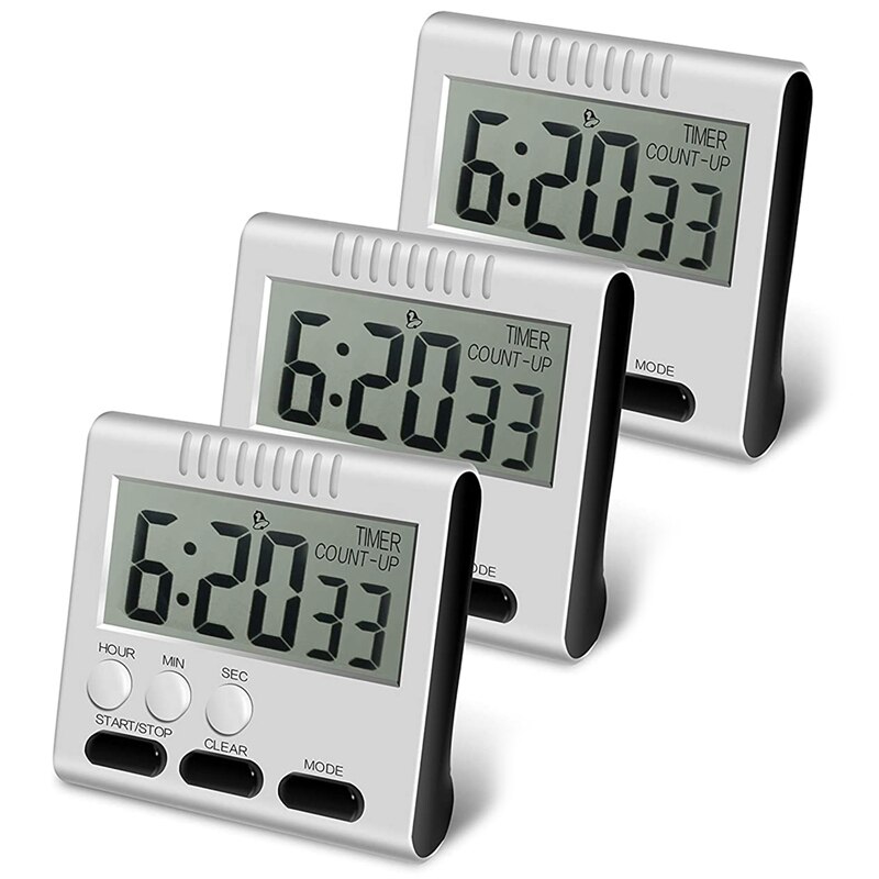 Hour Minute Second Count Up Countdown Digital Kitchen Timer, Big Digits, netic Backing, Retractable Stand, 3 Pack: Default Title