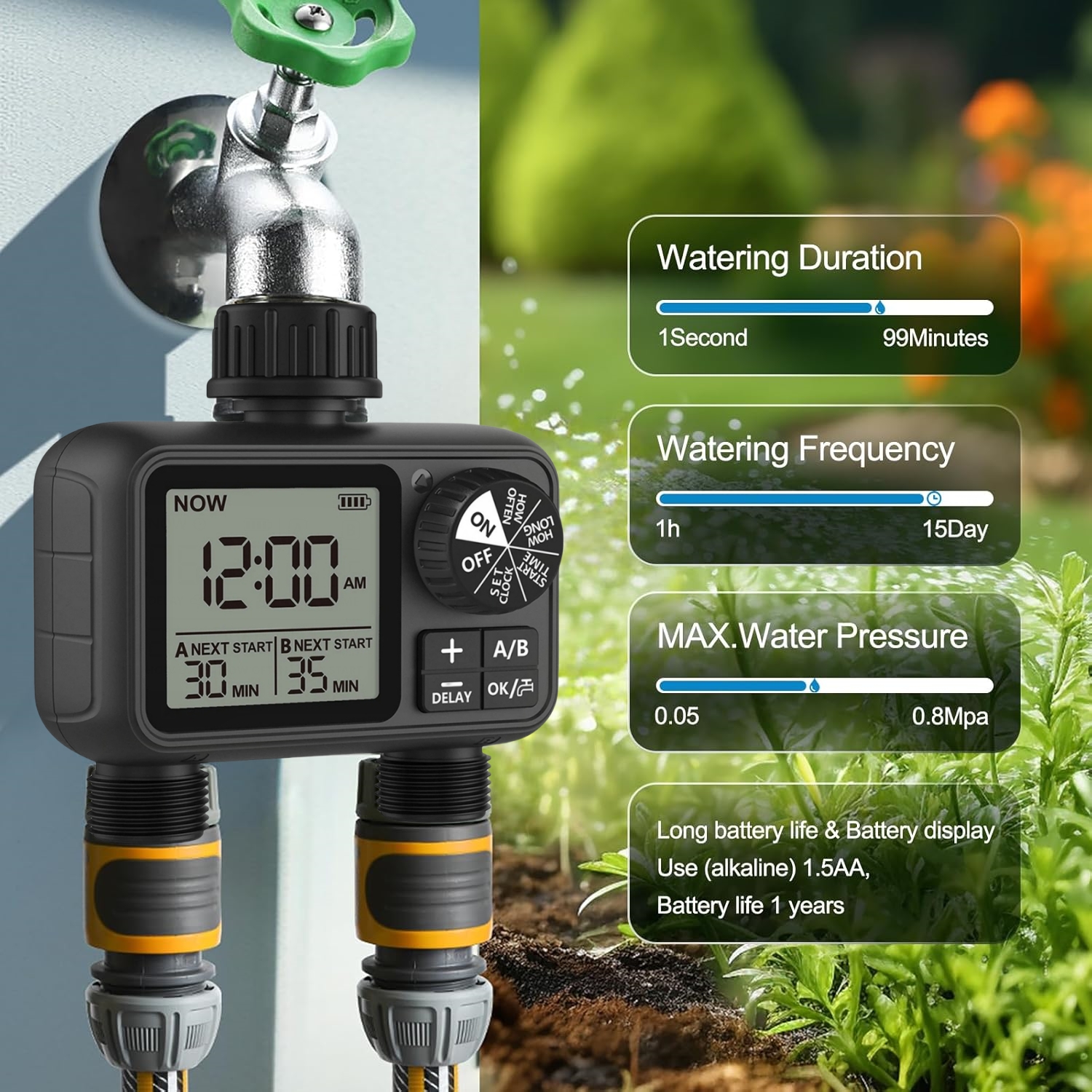 Temporizador de agua, el más temporizador de agua Digital de 2 salidas, Control de programador independiente de zona A/B, aspersor ajustable, fácil instalación