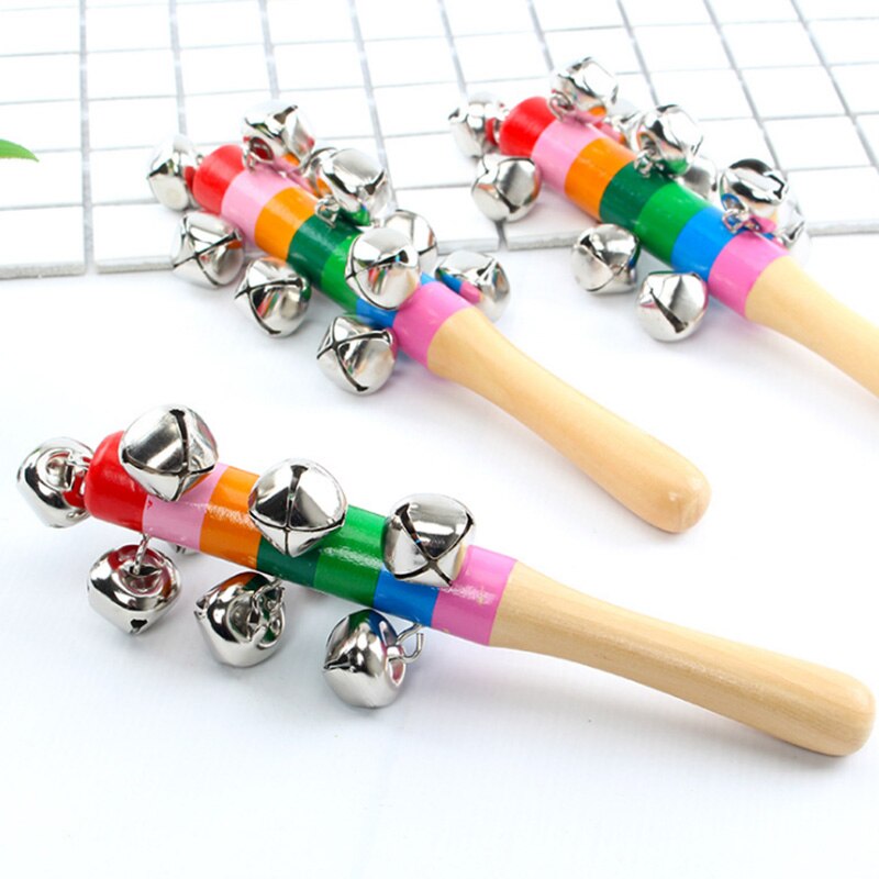 Holz Rassel Regenbogen Farbe Hand Rassel Griff Holz Aktivität Glocke Ring Regenbogen Musical Instrument Regenbogen Shaker Stock Kleinkind