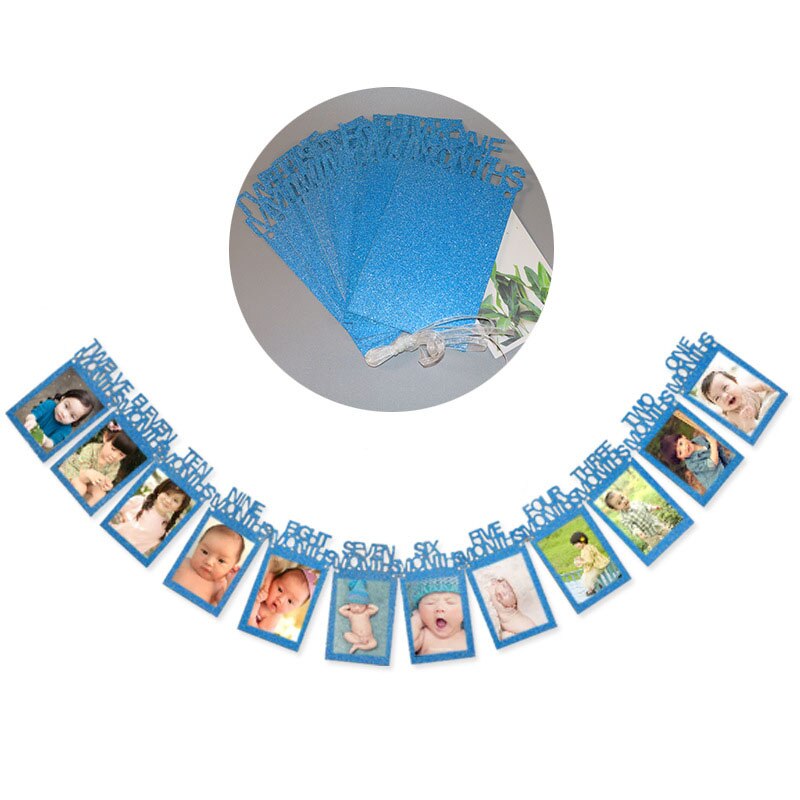 Marco de fotos de 12 meses, cartel para primer cumpleaños, decoraciones para primer bebé, niño y niña, suministros para fiestas de 1 año, dorado, rosa y plateado: Azul