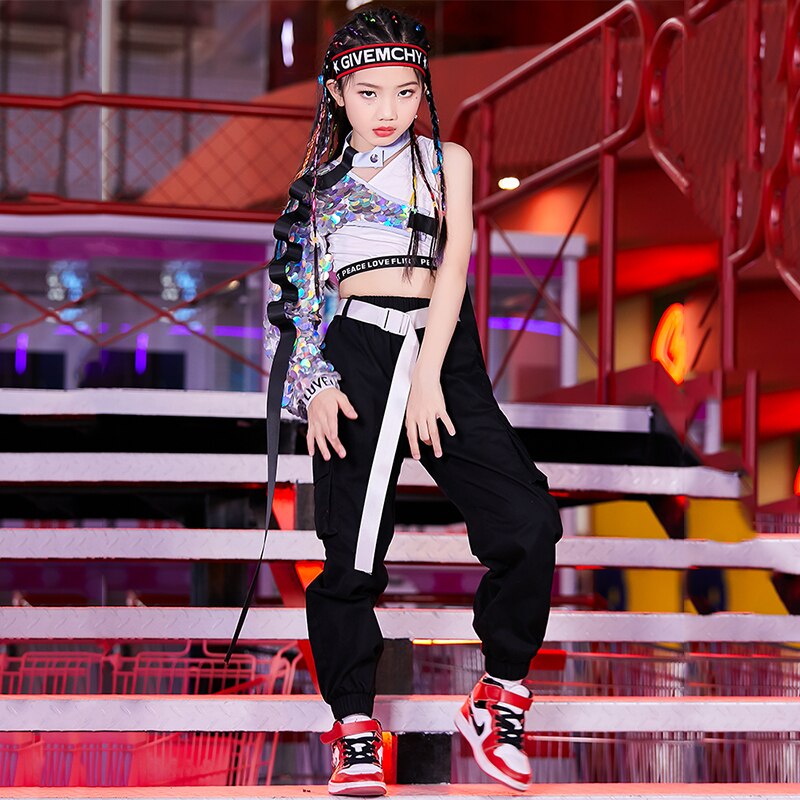 Children Hip Hop Street Dance Costumes Girls' Jazz Performance Clothing Modern Dancer Outfit Sequins Shawl Top DNV13759