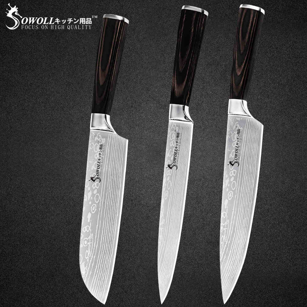 Sowoll Stainless Steel Cooking Knife Damascus Pattern Blade Chef Slicing Santoku Utility Paring Knife Camping Cooking Tools: E.3PCS SET