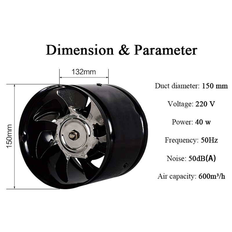 6 Inch High-Speed Exhaust Fan In-Line Duct Kitchen Extractor Metal Toilet Fan Industrial Fan 220V