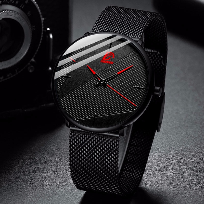 Herreure simple mænd business ultra tyndt rustfrit stål mesh bælte quartz ur minimalistiske armbåndsure til mænd