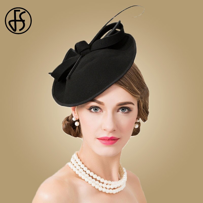 Fs 100% Wol Zwarte Hoed Kerk Elegante Dames Formele Vintage Voelde Fedora Bruiloft Fascinators Hoeden Voor Vrouwen Bunker Vrouwelijke Cap: Black Pillbox Hat