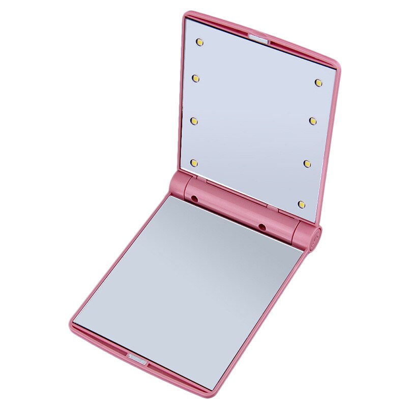 8 LED Lights Women Make Up Mirror Cosmetic Folding Portable Compact Pocket Mirror with Battery Makeup Tool: Pink