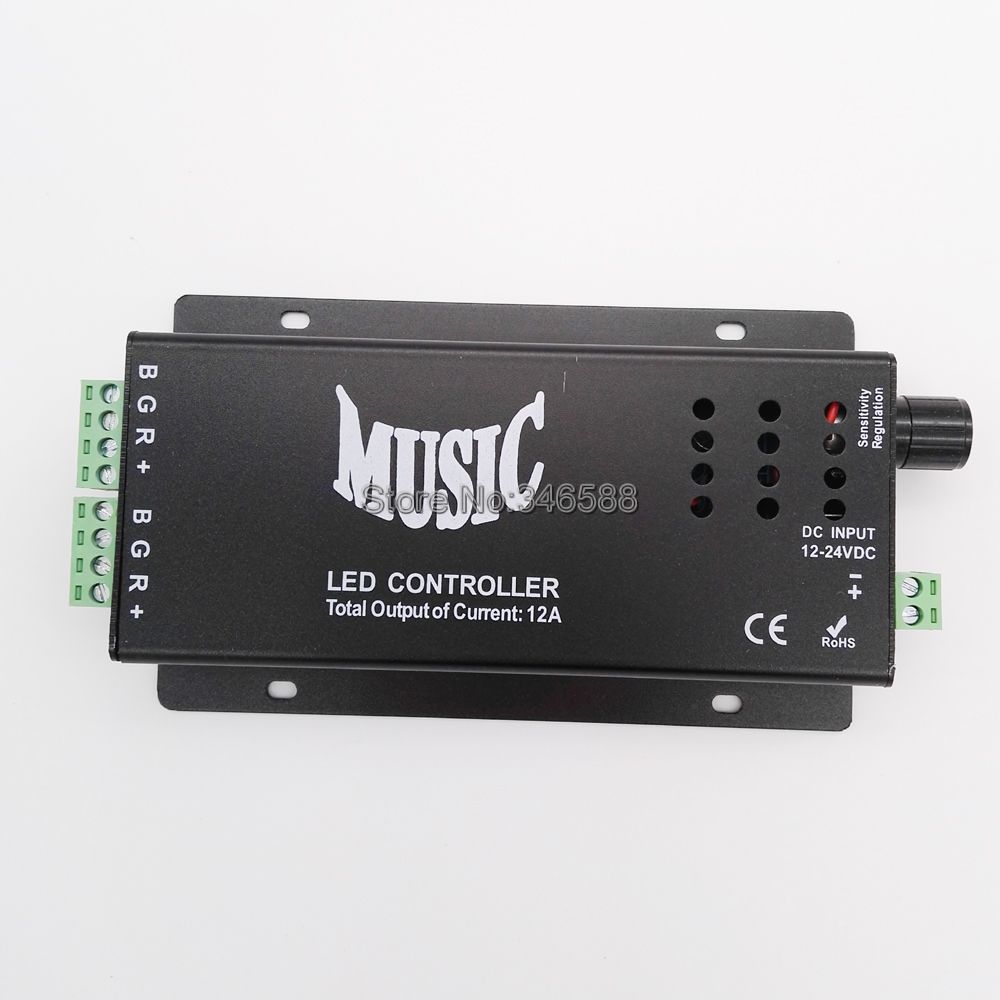 12V - 24V 12A Sound Activated Music Controller Black Color with 24key IR Remote Control 144W 2 Ports Output for RGB LED Strip