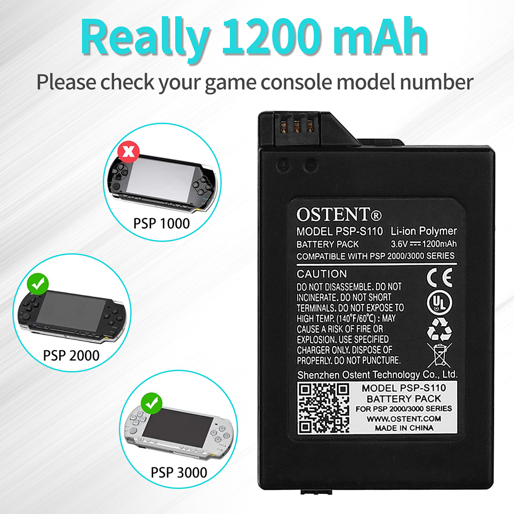 OSTENT 3.6V 1200mAh wymienna bateria do Sony PSP 2000 3000 PSP-S110 Gamepad akumulator o prawdziwej pojemności
