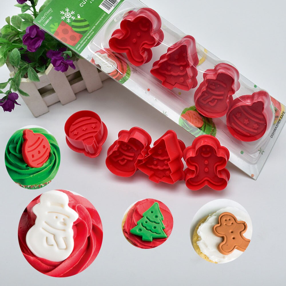 4 Pcs Biscuit Mold 3D Cookie Plunger Cutter Gebak Versieren Diy Voedsel Fondant Bakvorm Tool Kerstboom Sneeuwpop