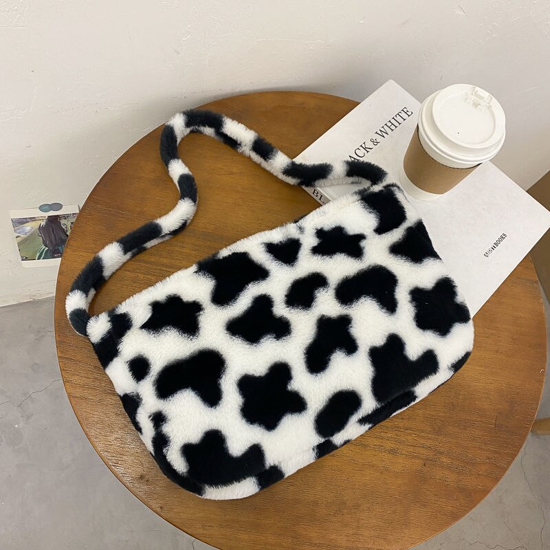 Koeienpatroon dames schoudertassen eenvoudige schattige pluche dames handtassen casual grote capaciteit dames oksel tassen handtas tote: Default Title