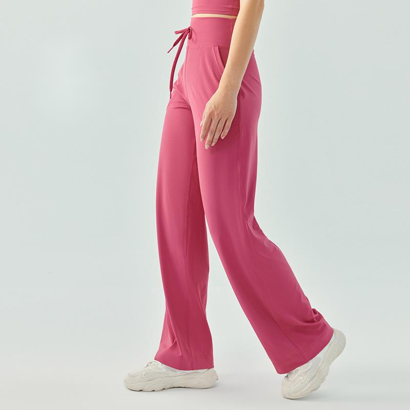 Frauen Hohe Taille Kordelzug Yoga Hosen Lose Breite Bein Einfarbig Fitness Laufen Sport Hosen frau kleidung: L / Rosa