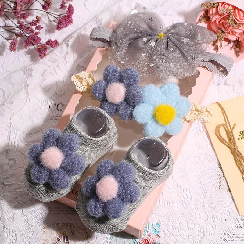3er -einstellen babysocken + haarband mit süßen punkten und schleife, haarband mit blumenkranz, rutschfeste socken für babys und kleinkinder: Stil 1 g09