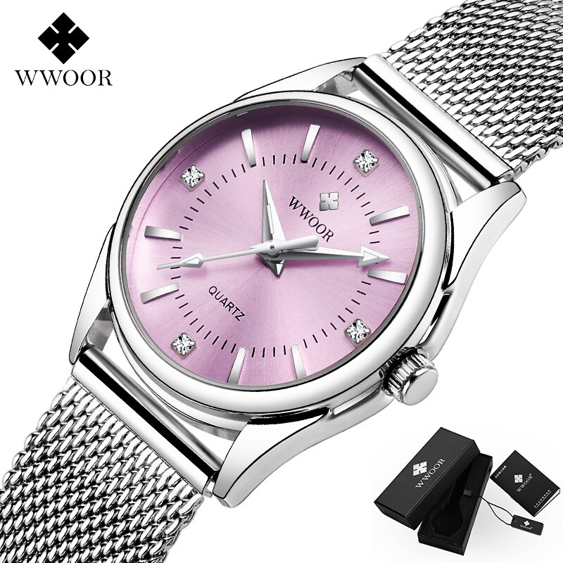 Woor luksus mærke kjole guldur dame diamant små quartz armbåndsure til kvinder stål mesh ur zegarek damski: Lyserød