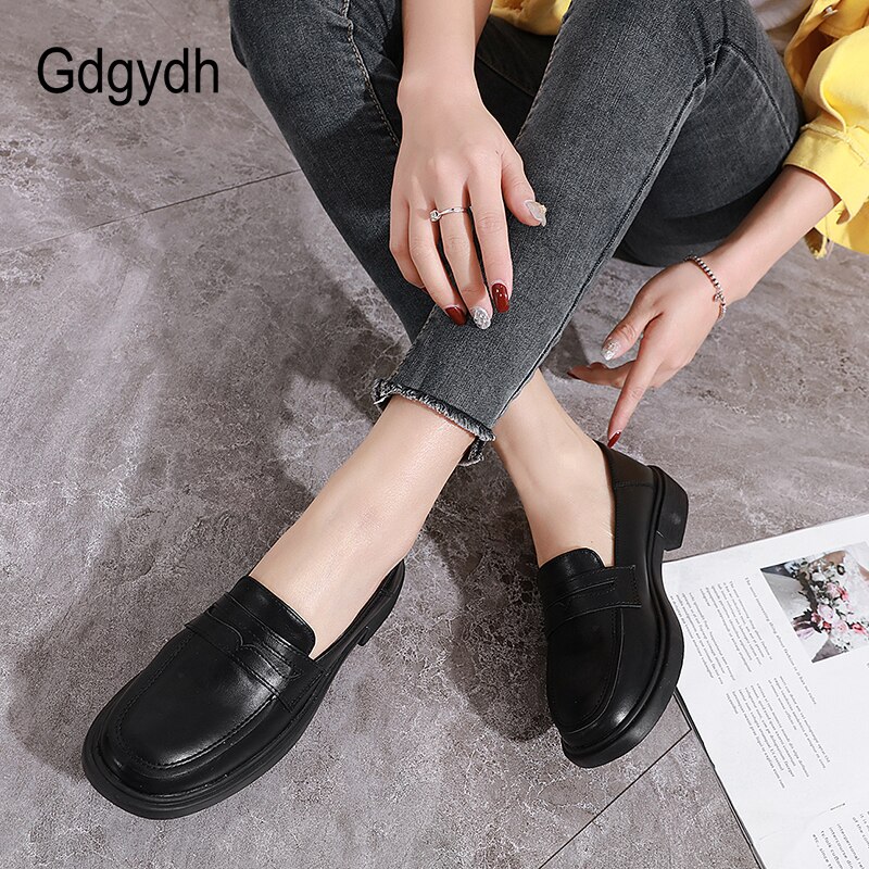 Gdgydh Round Toe Loafers Flats Shoes Woman Spring Summer Female Casual Shoes Black Leather PU Flat Heel