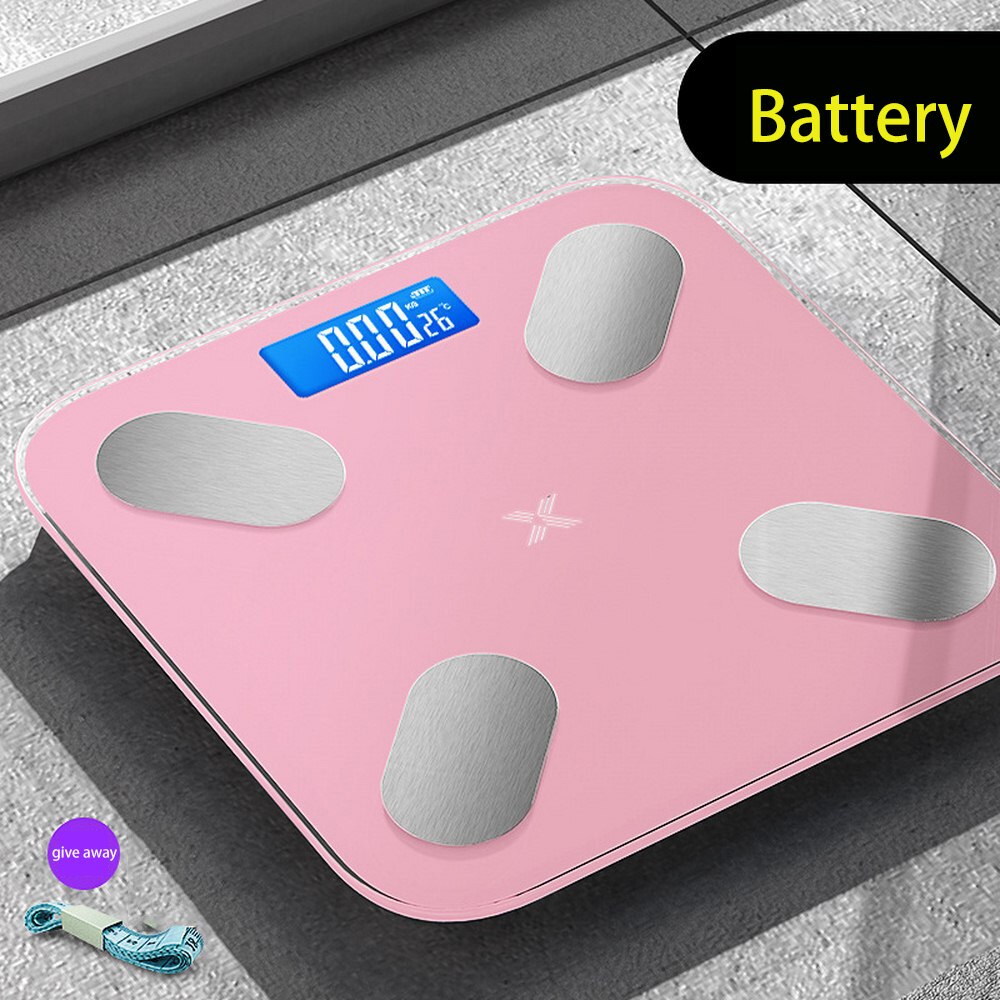 Báscula de grasa de carga USB báscula electrónica de composición corporal báscula de peso de grasa báscula de equilibrio de pantalla LED electrónico APP análisis de datos: Pink-battery