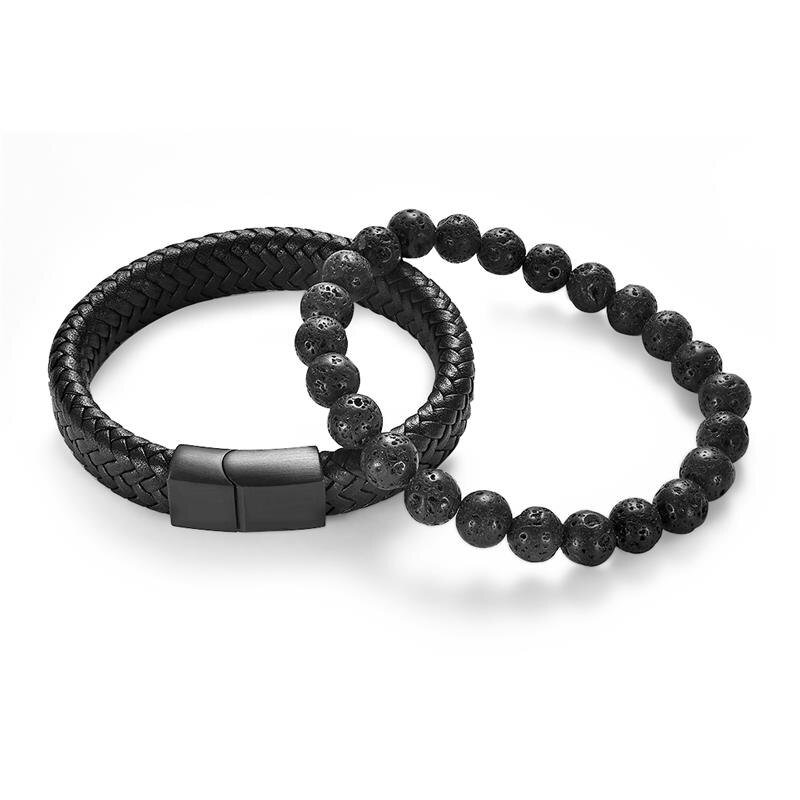 Jiayiqi leren armband, natuursteen kralen armbanden voor heren, roestvrij staal magnetische sluitingen bangle heren sieraden: 2 stuks zwart / 18.5cm
