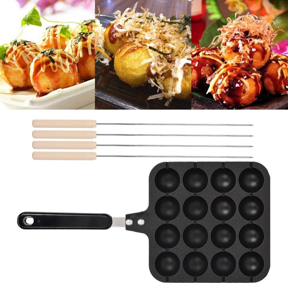 16 Gaten Non-stick Takoyaki Grill Pan Molde Koken Grill Bakken Pan Met 4 Stuks Bakken Naald Gegoten Aluminium takoyaki Bakplaat