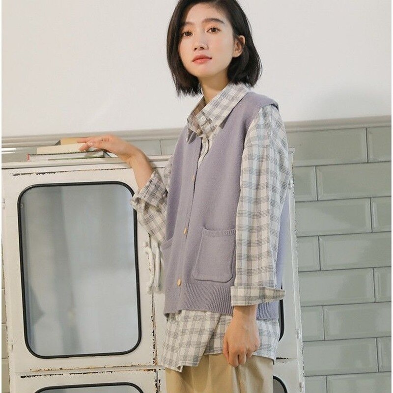 Swetry kamizelki damskie solidne pojedyncze piersiowe luźne studenci kolorowe kieszenie koreańskie kobiece modne bez rękawów eleganckie wszystkie mecze nowe ins